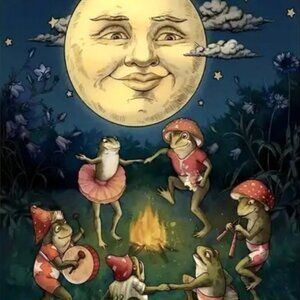 12x16 Anthropomorphic Full Moon Dancing Musician Frogs Around Fire Canvas Print
